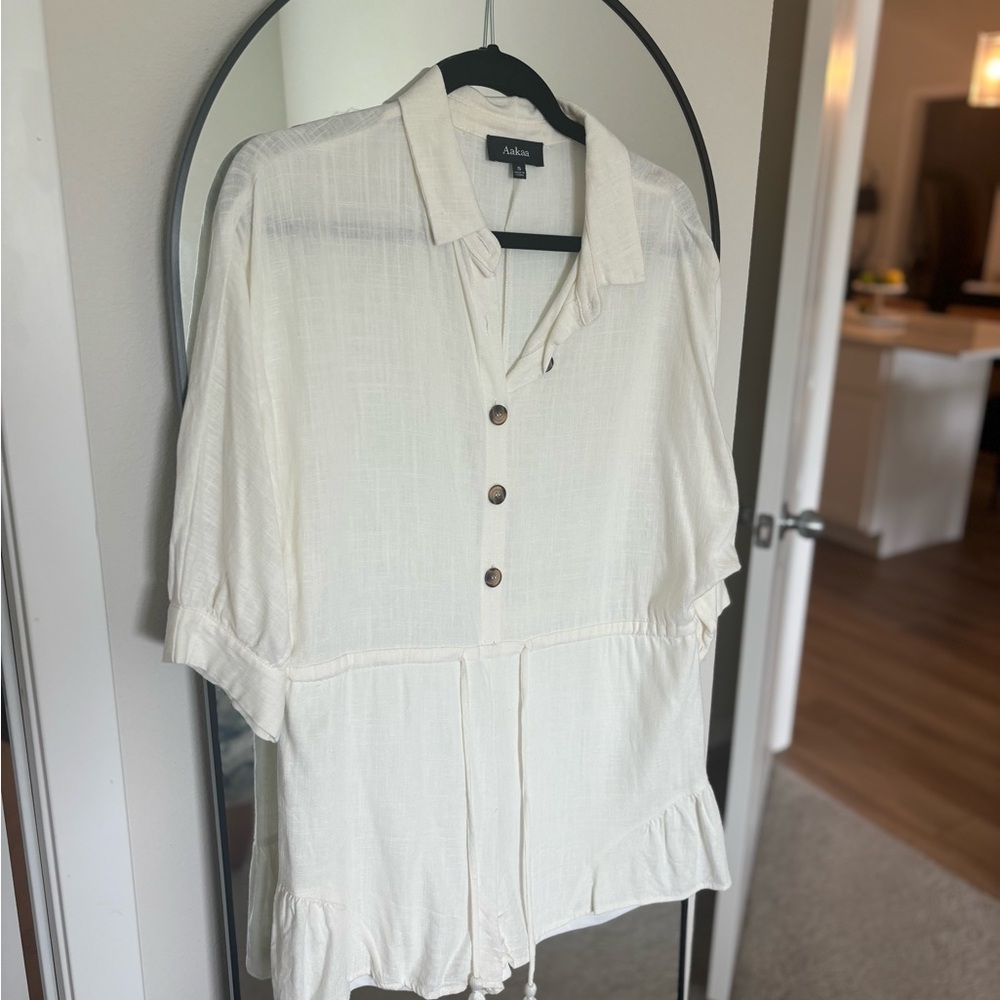 Aakaa Cream Button-Front Romper with Tortoise Buttons